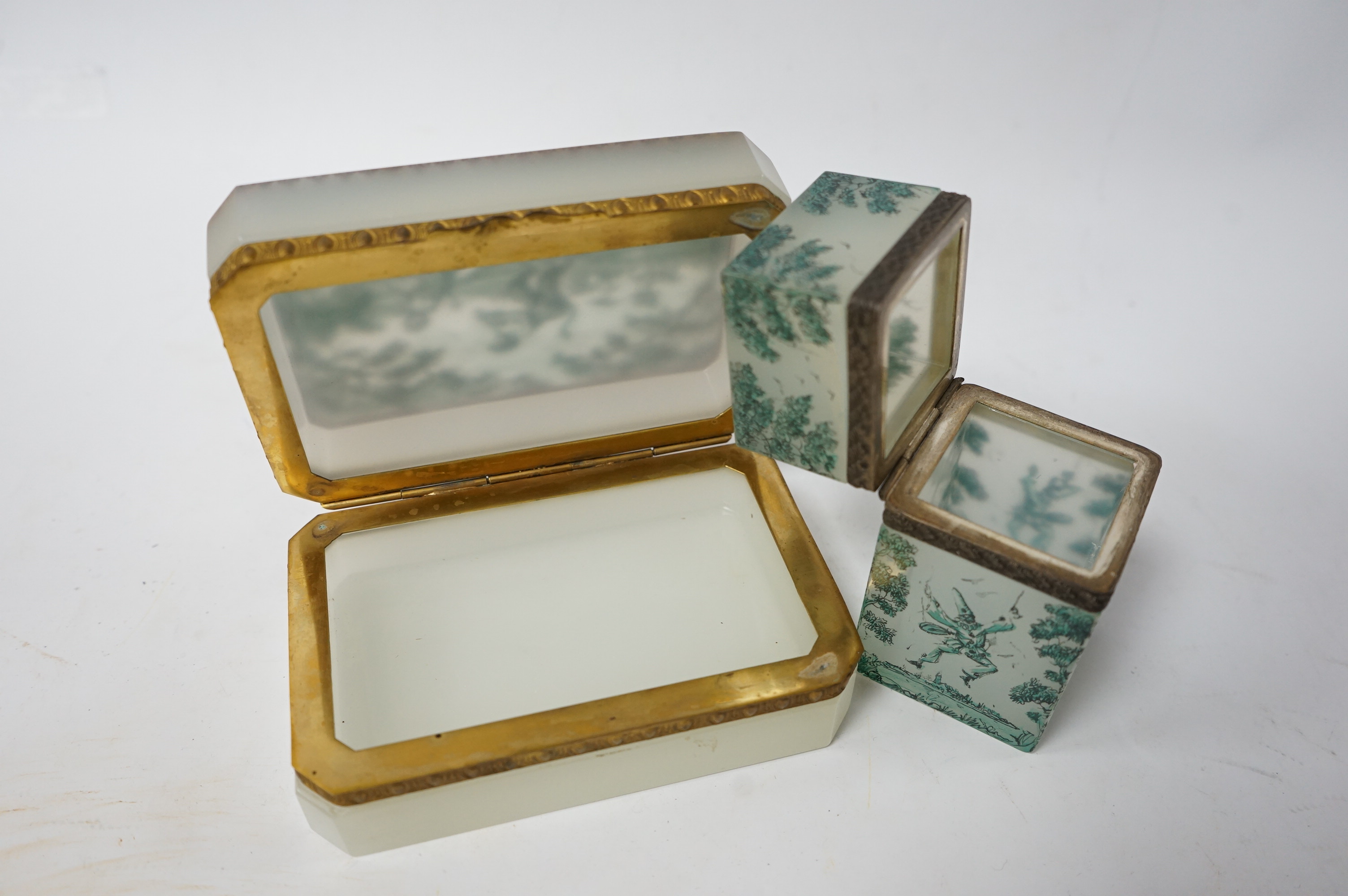 Two 19th century French enamelled opaline glass desk accessory boxes, 13.5cm. Condition - good